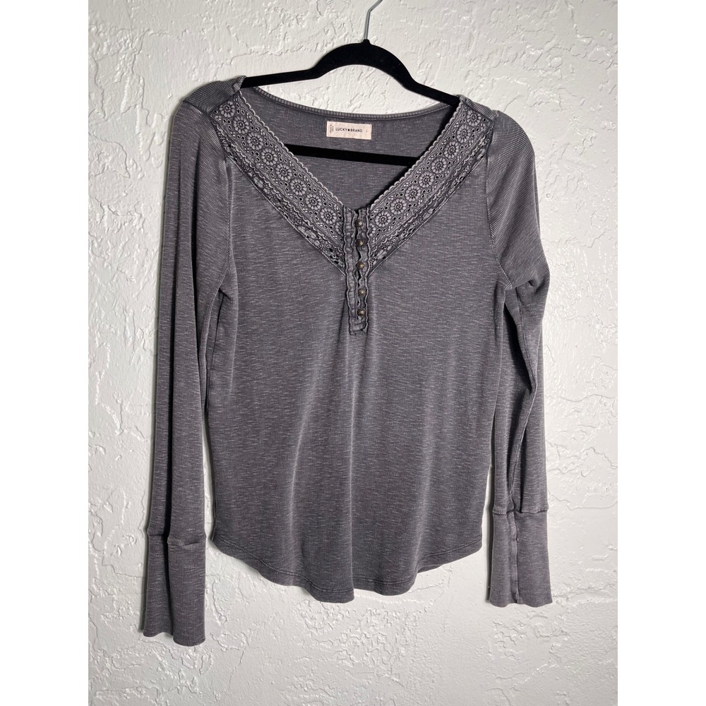 Lucky Brand Gray Lace Trim Thermal Knit Henley Top Long Sleeve Women's L